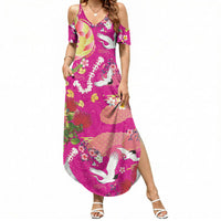 Hawaiian and Japanese Culture Together Summer Maxi Dress Kakau Tribal Pattern and Irezumi Art Pink Color