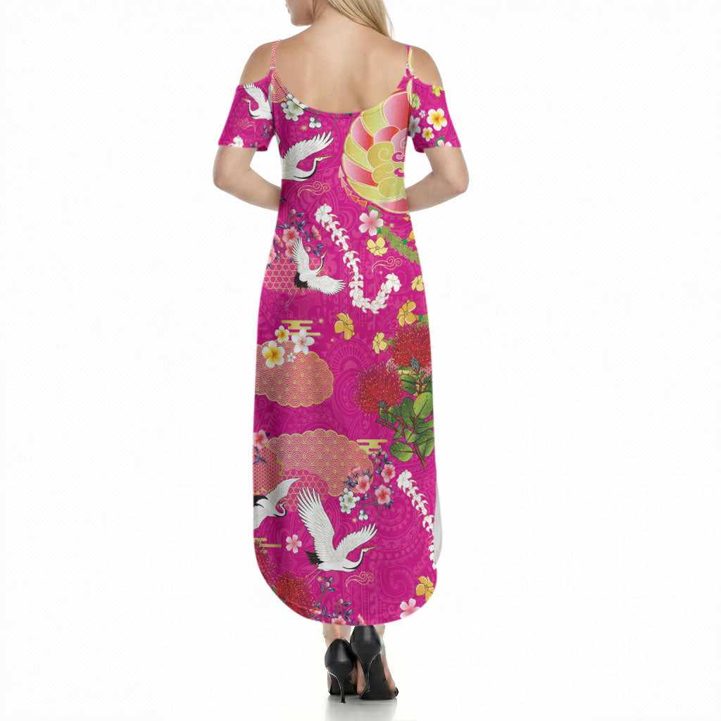 Hawaiian and Japanese Culture Together Summer Maxi Dress Kakau Tribal Pattern and Irezumi Art Pink Color