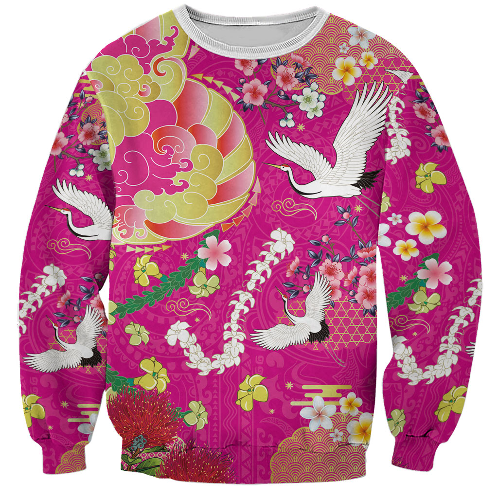 Hawaiian and Japanese Culture Together Sweatshirt Kakau Tribal Pattern and Irezumi Art Pink Color LT03 Unisex Pink - Polynesian Pride