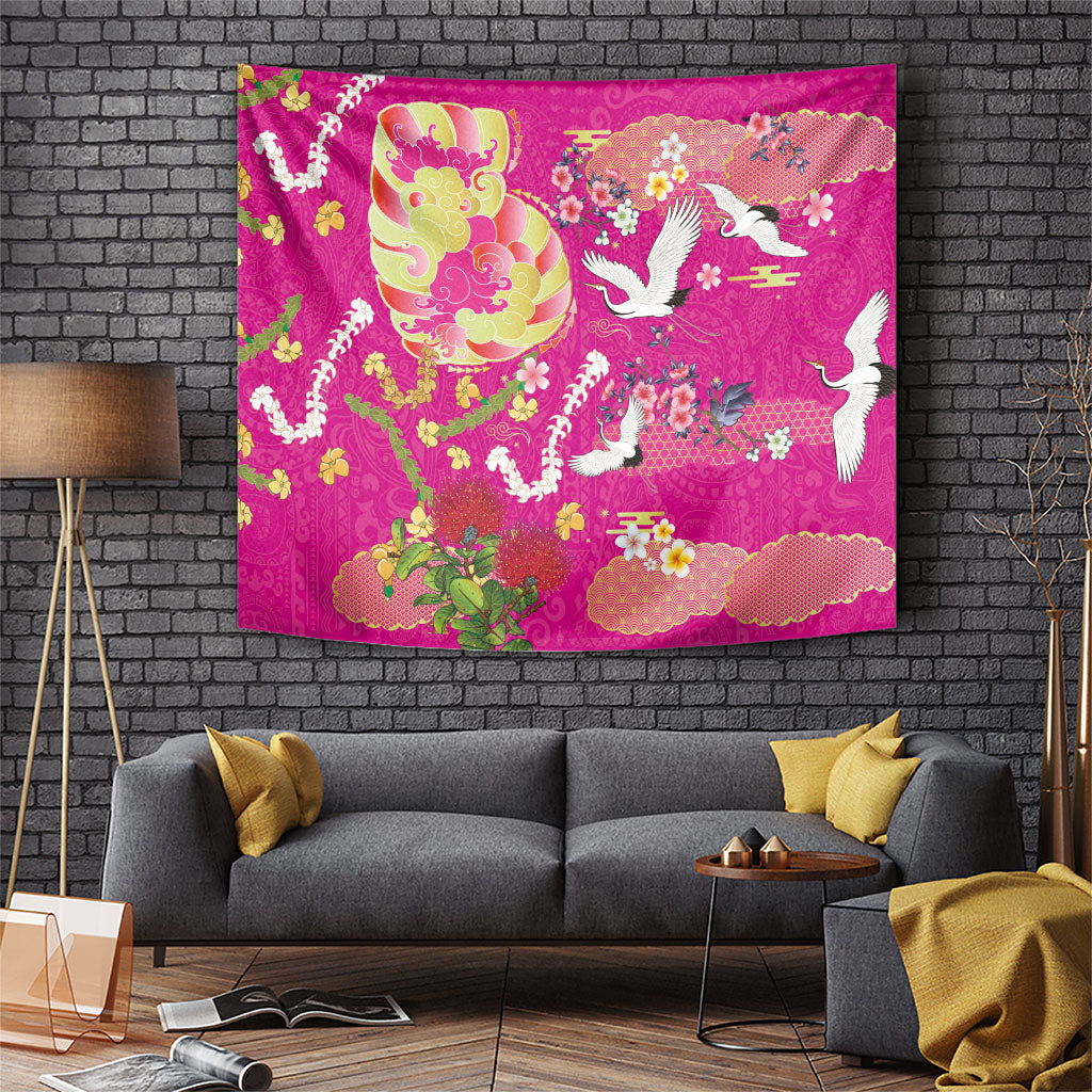 Hawaiian and Japanese Culture Together Tapestry Kakau Tribal Pattern and Irezumi Art Pink Color