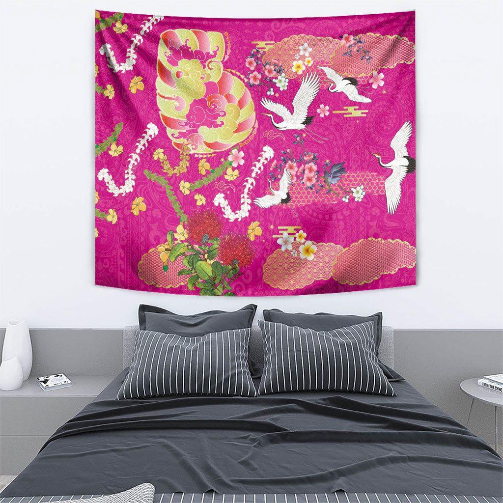 Hawaiian and Japanese Culture Together Tapestry Kakau Tribal Pattern and Irezumi Art Pink Color