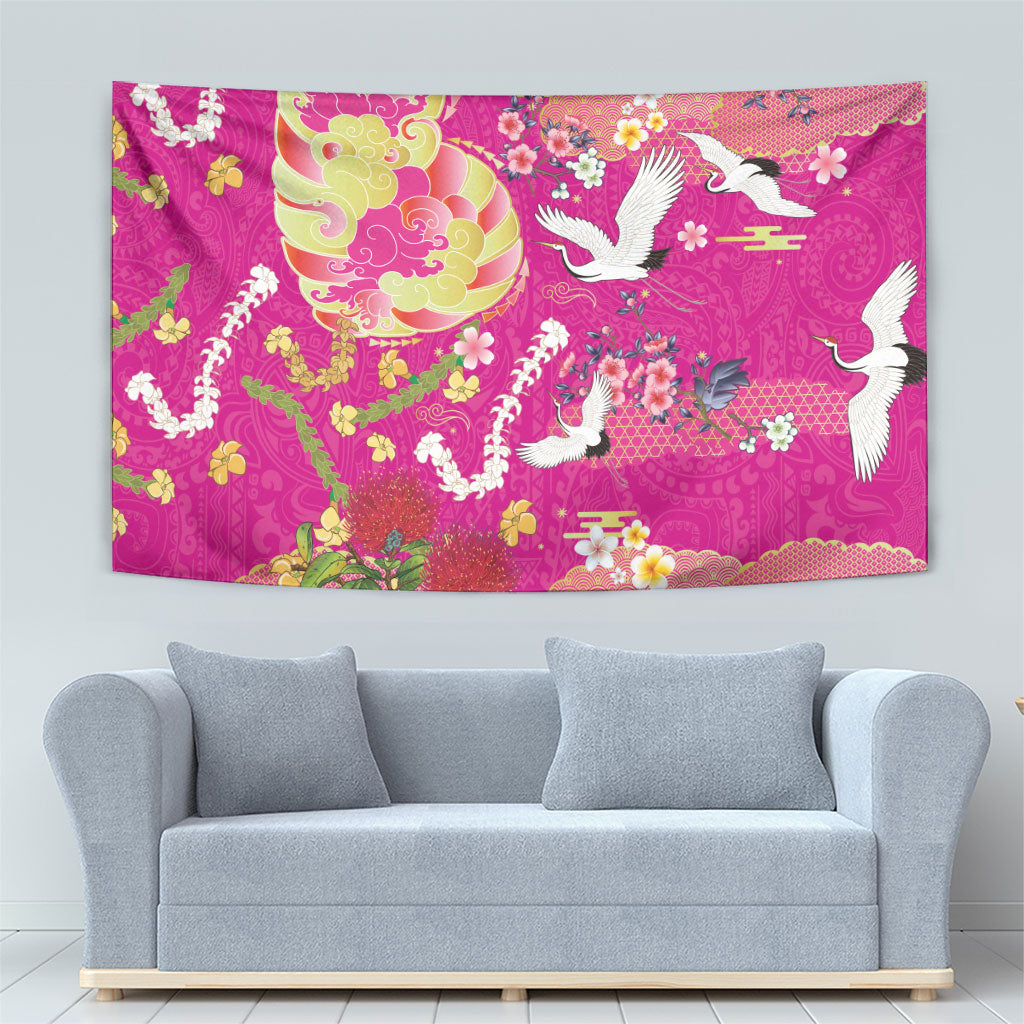 Hawaiian and Japanese Culture Together Tapestry Kakau Tribal Pattern and Irezumi Art Pink Color