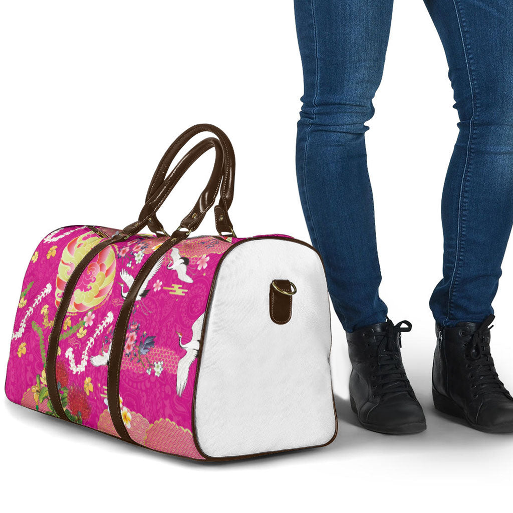Hawaiian and Japanese Culture Together Travel Bag Kakau Tribal Pattern and Irezumi Art Pink Color