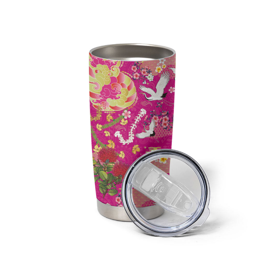 Hawaiian and Japanese Culture Together Tumbler Cup Kakau Tribal Pattern and Irezumi Art Pink Color