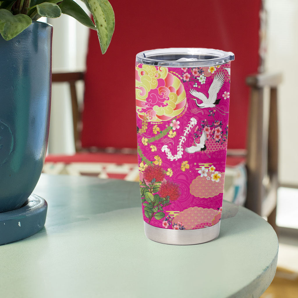 Hawaiian and Japanese Culture Together Tumbler Cup Kakau Tribal Pattern and Irezumi Art Pink Color