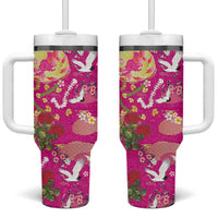 Hawaiian and Japanese Culture Together Tumbler With Handle Kakau Tribal Pattern and Irezumi Art Pink Color