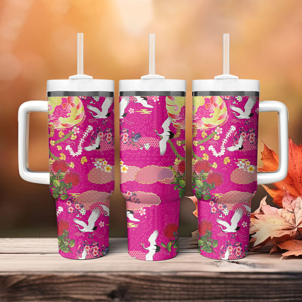 Hawaiian and Japanese Culture Together Tumbler With Handle Kakau Tribal Pattern and Irezumi Art Pink Color