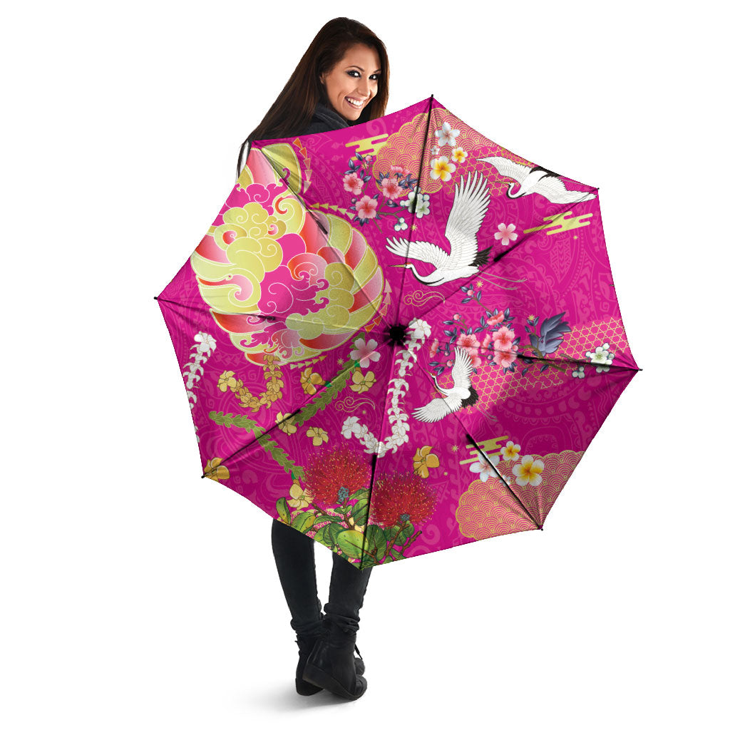 Hawaiian and Japanese Culture Together Umbrella Kakau Tribal Pattern and Irezumi Art Pink Color