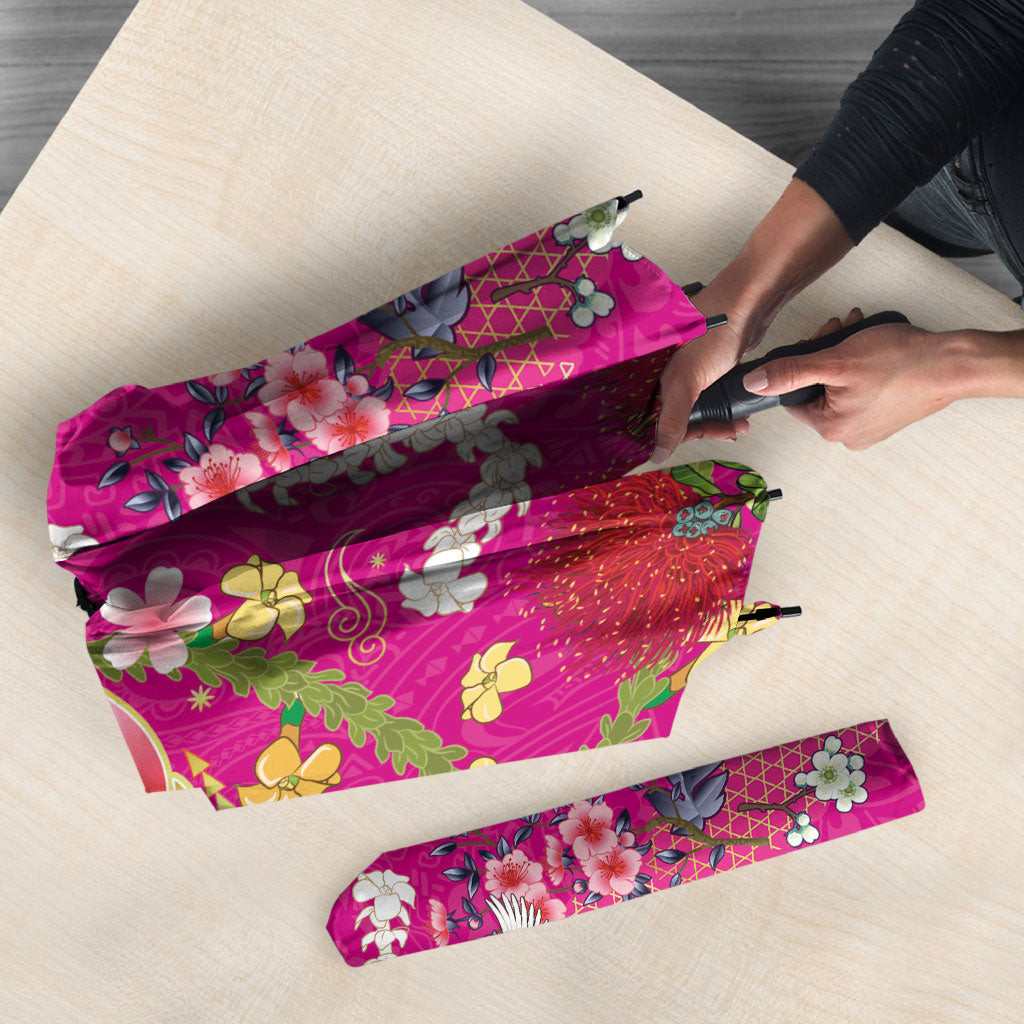 Hawaiian and Japanese Culture Together Umbrella Kakau Tribal Pattern and Irezumi Art Pink Color