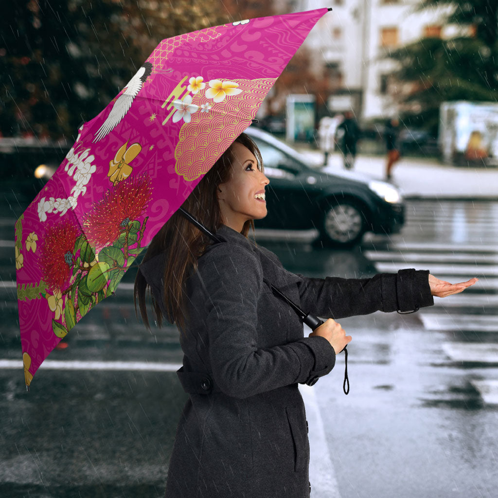 Hawaiian and Japanese Culture Together Umbrella Kakau Tribal Pattern and Irezumi Art Pink Color