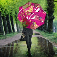 Hawaiian and Japanese Culture Together Umbrella Kakau Tribal Pattern and Irezumi Art Pink Color
