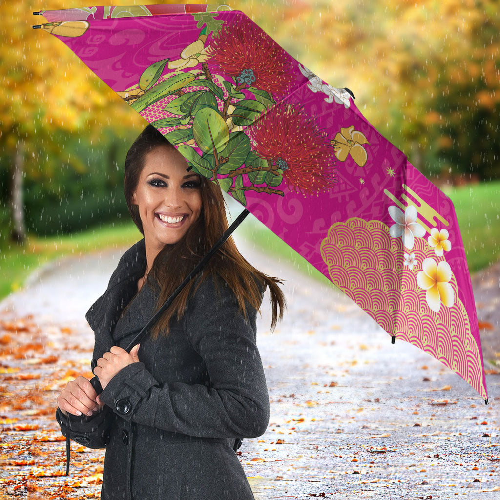 Hawaiian and Japanese Culture Together Umbrella Kakau Tribal Pattern and Irezumi Art Pink Color