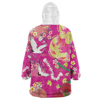 Hawaiian and Japanese Culture Together Wearable Blanket Hoodie Kakau Tribal Pattern and Irezumi Art Pink Color