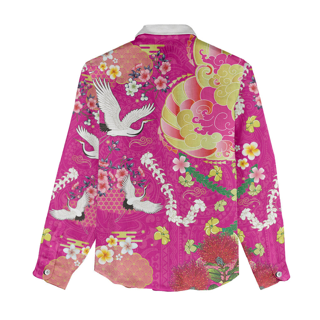 Hawaiian and Japanese Culture Together Women Casual Shirt Kakau Tribal Pattern and Irezumi Art Pink Color