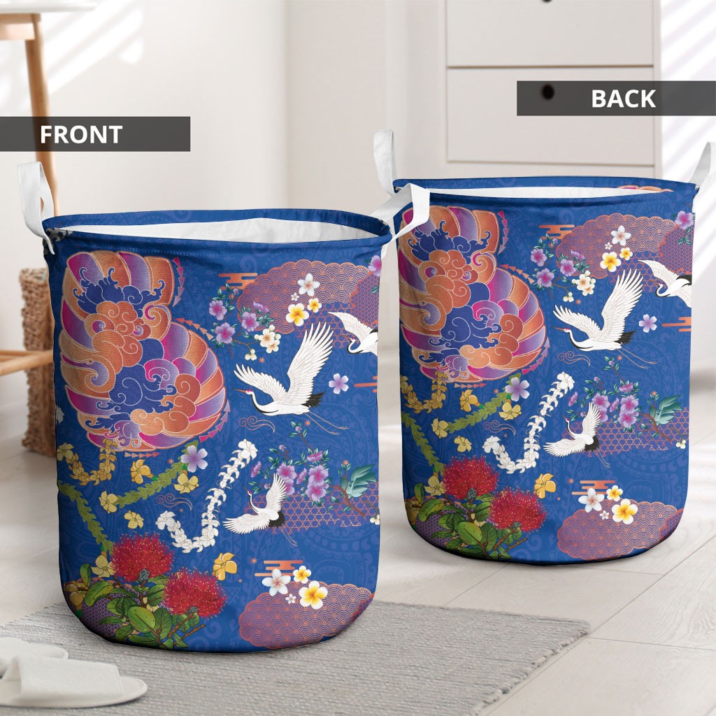 Hawaiian and Japanese Culture Together Laundry Basket Kakau Tribal Pattern and Irezumi Art Blue Color