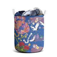 Hawaiian and Japanese Culture Together Laundry Basket Kakau Tribal Pattern and Irezumi Art Blue Color