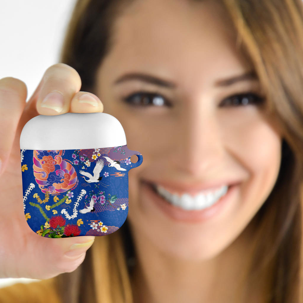 Hawaiian and Japanese Culture Together AirPods Case Kakau Tribal Pattern and Irezumi Art Blue Color