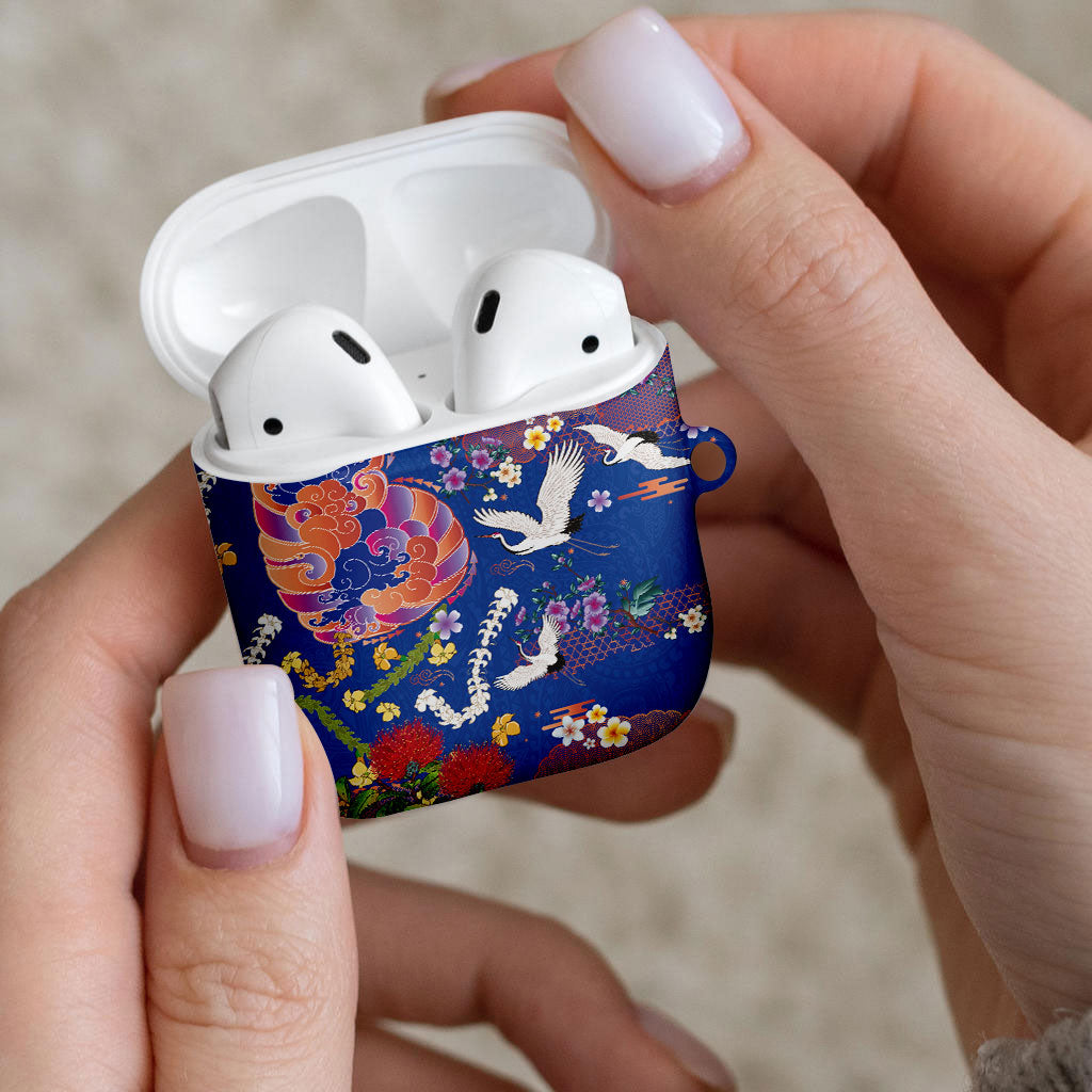 Hawaiian and Japanese Culture Together AirPods Case Kakau Tribal Pattern and Irezumi Art Blue Color