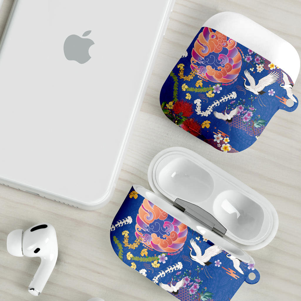 Hawaiian and Japanese Culture Together AirPods Case Kakau Tribal Pattern and Irezumi Art Blue Color