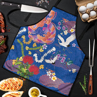 Hawaiian and Japanese Culture Together Apron Kakau Tribal Pattern and Irezumi Art Blue Color