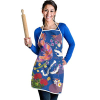 Hawaiian and Japanese Culture Together Apron Kakau Tribal Pattern and Irezumi Art Blue Color