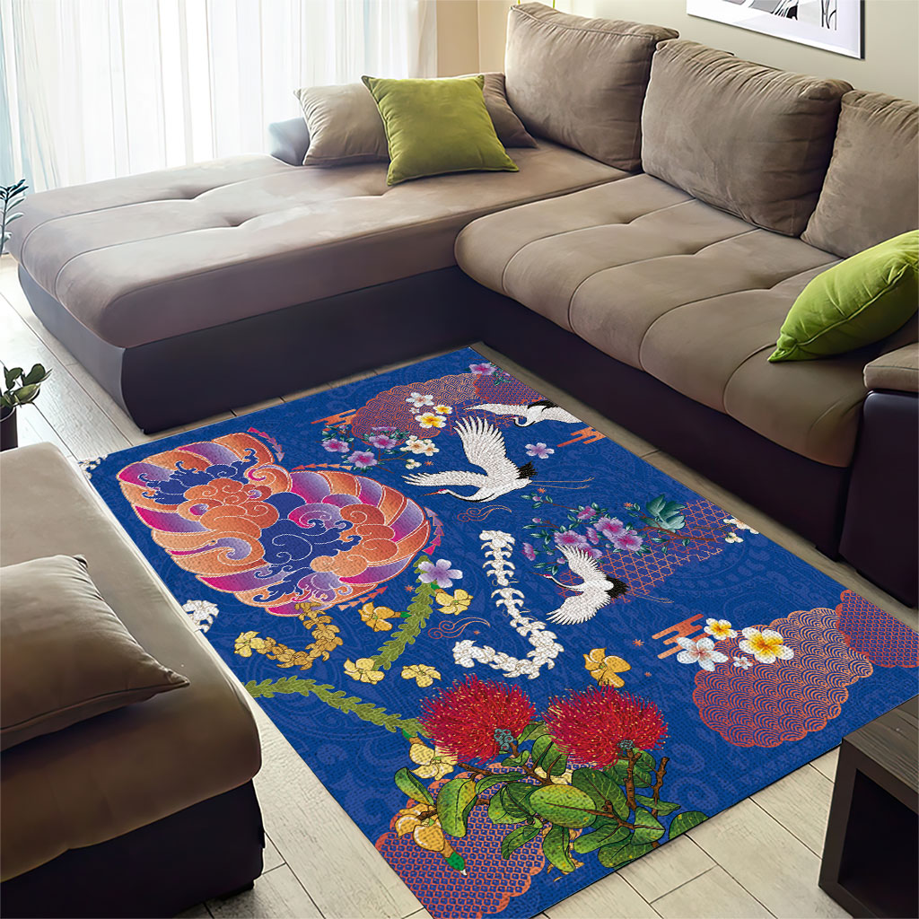 Hawaiian and Japanese Culture Together Area Rug Kakau Tribal Pattern and Irezumi Art Blue Color