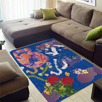 Hawaiian and Japanese Culture Together Area Rug Kakau Tribal Pattern and Irezumi Art Blue Color