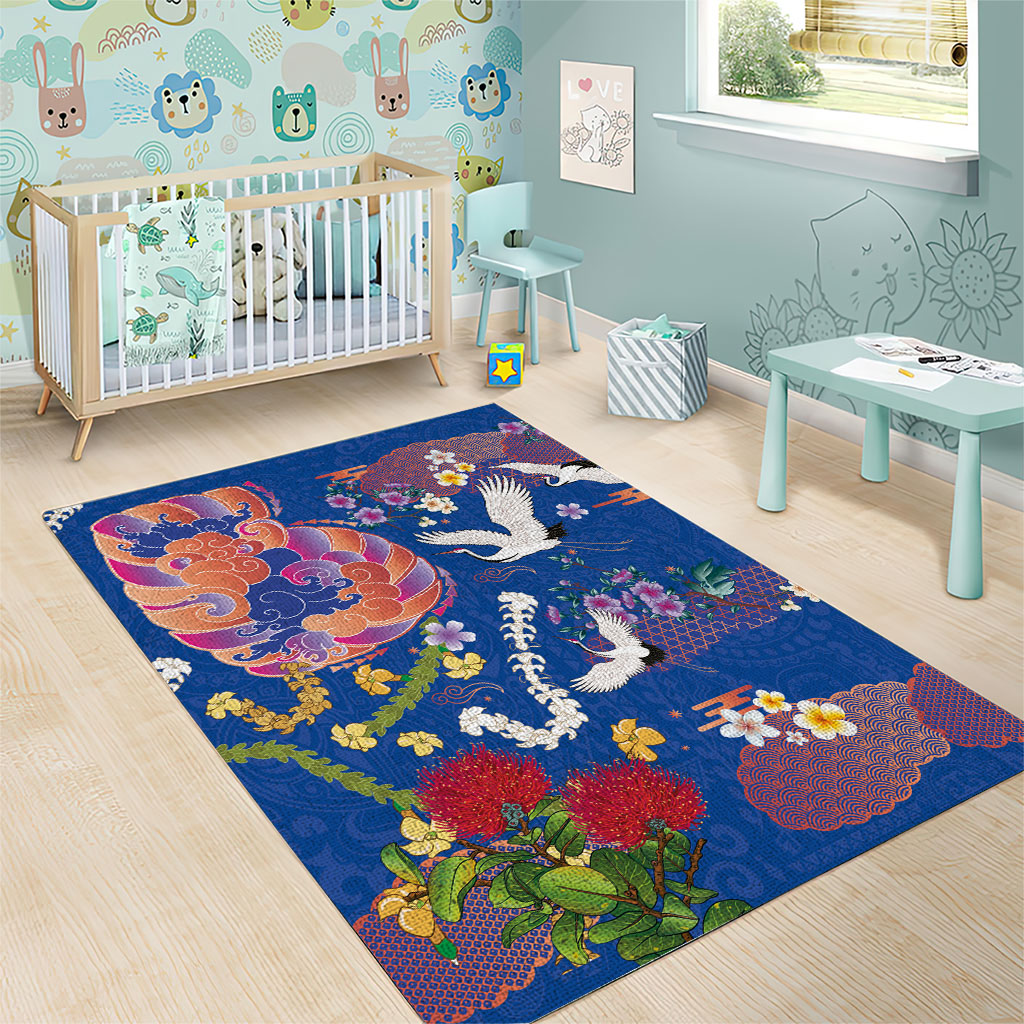Hawaiian and Japanese Culture Together Area Rug Kakau Tribal Pattern and Irezumi Art Blue Color