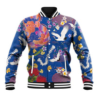 Hawaiian and Japanese Culture Together Baseball Jacket Kakau Tribal Pattern and Irezumi Art Blue Color