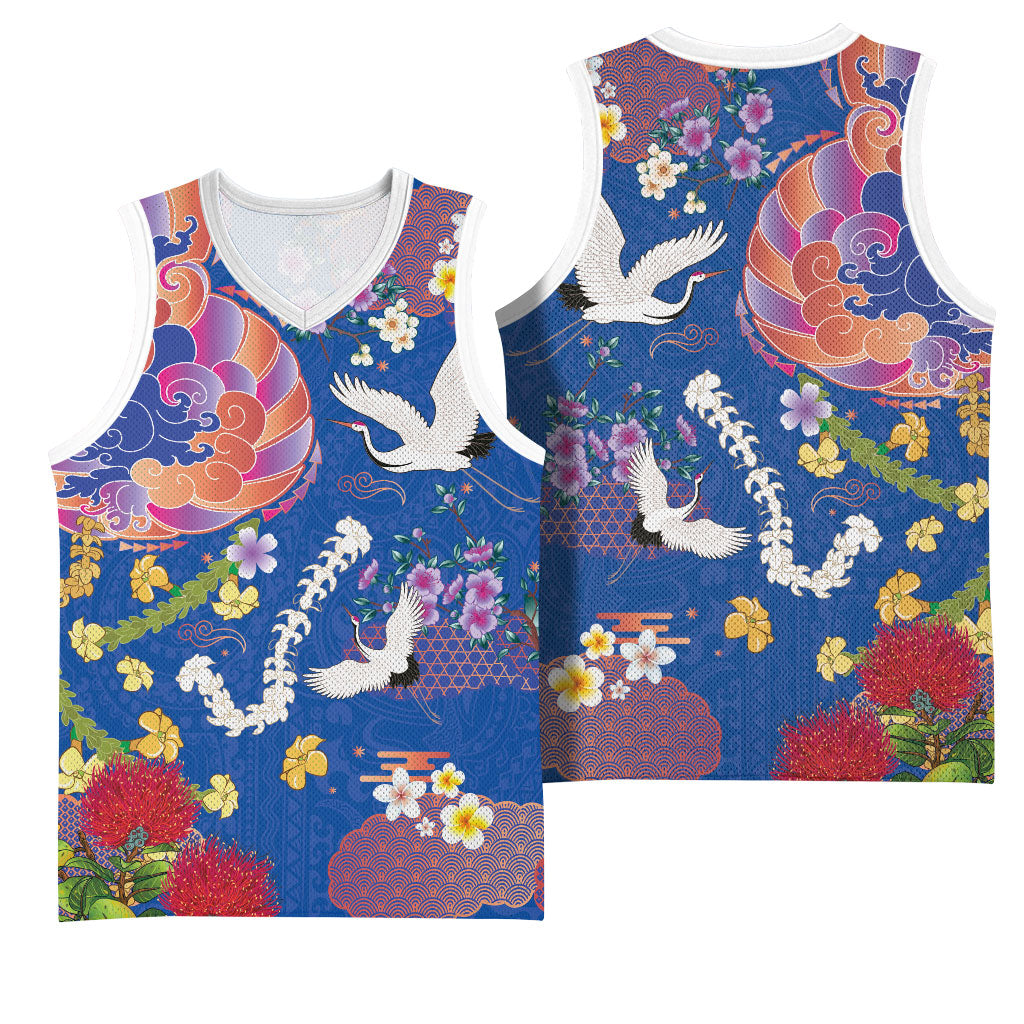 Hawaiian and Japanese Culture Together Basketball Jersey Kakau Tribal Pattern and Irezumi Art Blue Color
