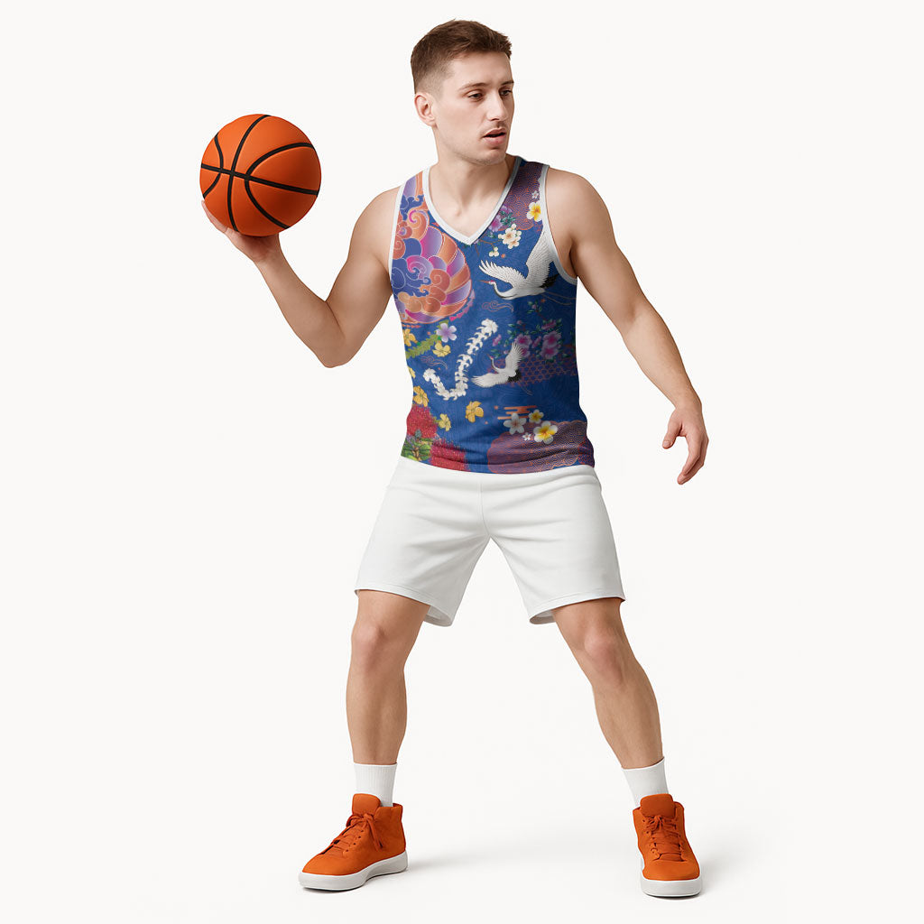 Hawaiian and Japanese Culture Together Basketball Jersey Kakau Tribal Pattern and Irezumi Art Blue Color