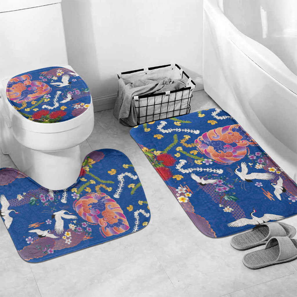Hawaiian and Japanese Culture Together Bathroom Set Kakau Tribal Pattern and Irezumi Art Blue Color
