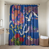Hawaiian and Japanese Culture Together Bathroom Set Kakau Tribal Pattern and Irezumi Art Blue Color