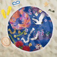 Hawaiian and Japanese Culture Together Beach Blanket Kakau Tribal Pattern and Irezumi Art Blue Color