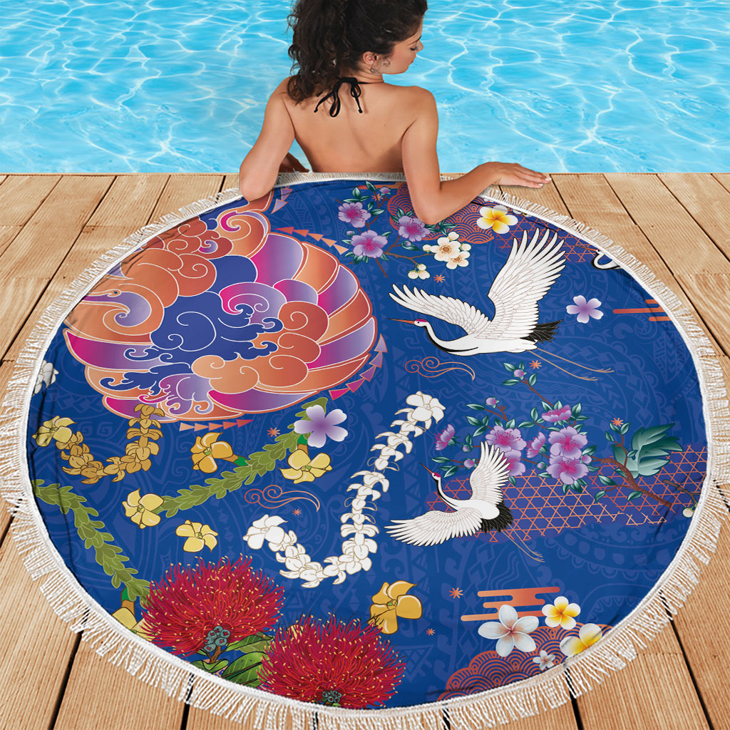 Hawaiian and Japanese Culture Together Beach Blanket Kakau Tribal Pattern and Irezumi Art Blue Color