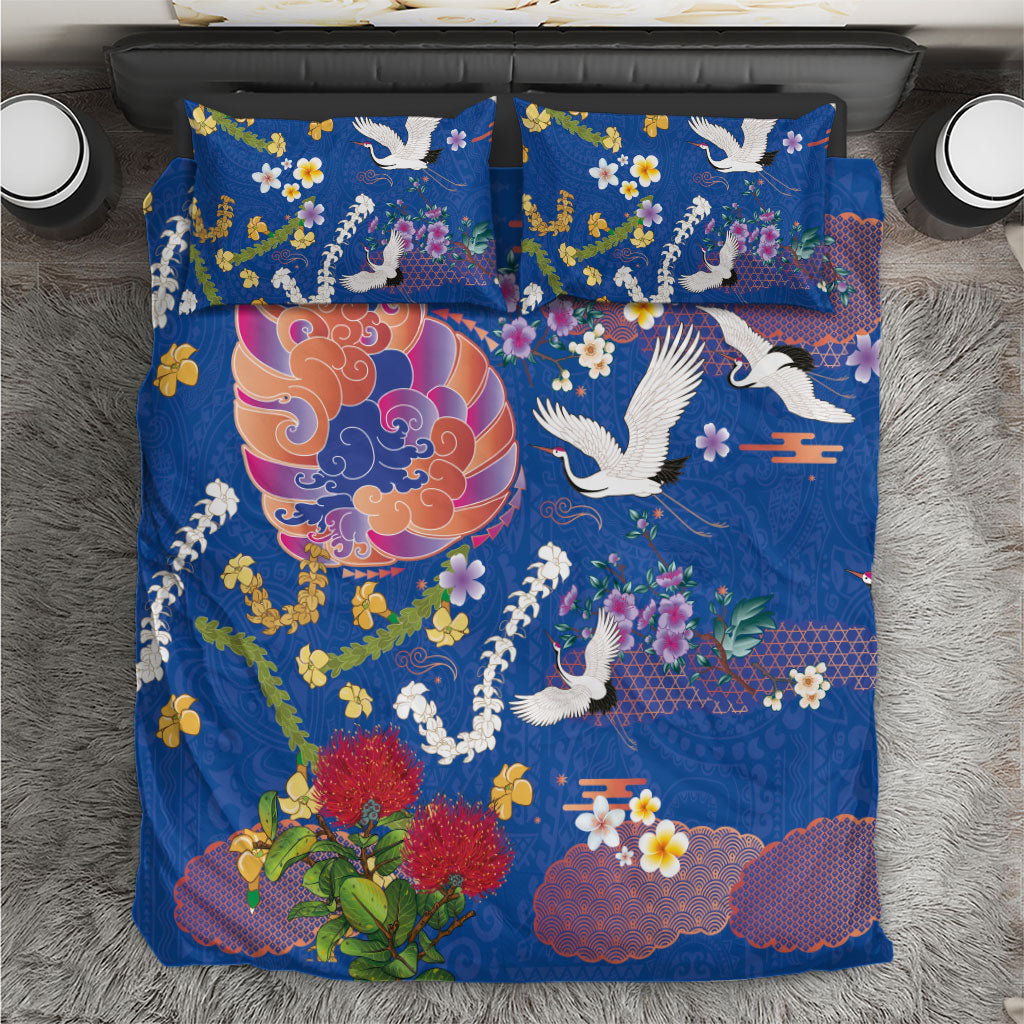 Hawaiian and Japanese Culture Together Bedding Set Kakau Tribal Pattern and Irezumi Art Blue Color