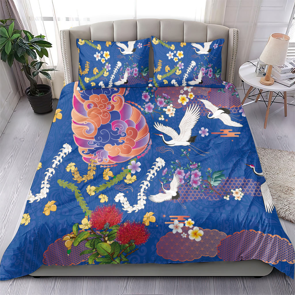 Hawaiian and Japanese Culture Together Bedding Set Kakau Tribal Pattern and Irezumi Art Blue Color