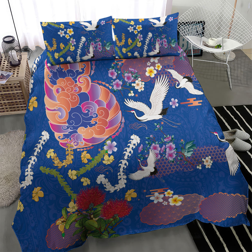 Hawaiian and Japanese Culture Together Bedding Set Kakau Tribal Pattern and Irezumi Art Blue Color