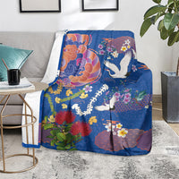 Hawaiian and Japanese Culture Together Blanket Kakau Tribal Pattern and Irezumi Art Blue Color