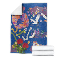 Hawaiian and Japanese Culture Together Blanket Kakau Tribal Pattern and Irezumi Art Blue Color