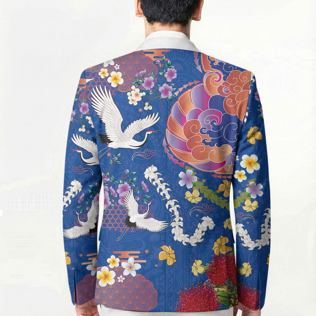 Hawaiian and Japanese Culture Together Blazer Kakau Tribal Pattern and Irezumi Art Blue Color