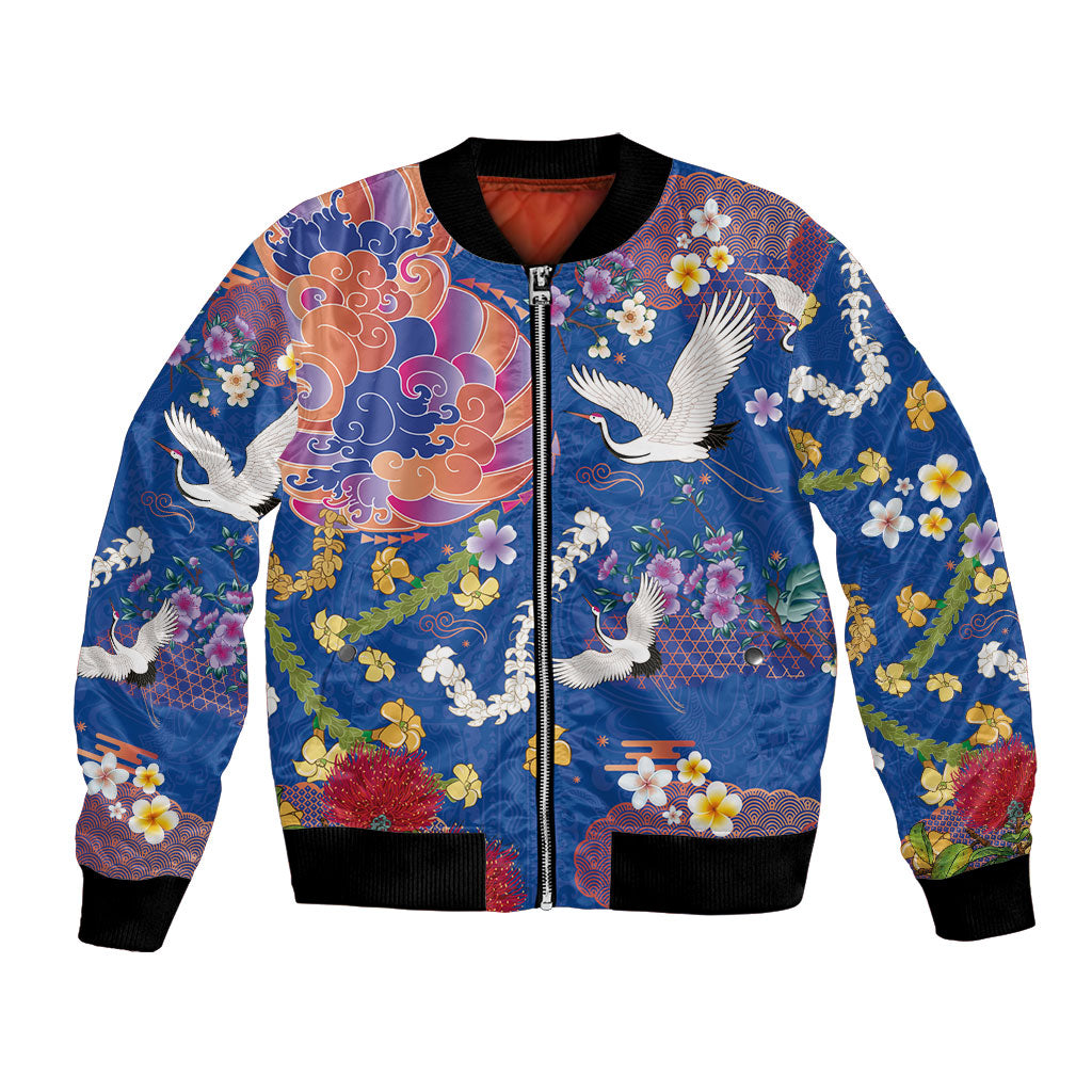 Hawaiian and Japanese Culture Together Bomber Jacket Kakau Tribal Pattern and Irezumi Art Blue Color