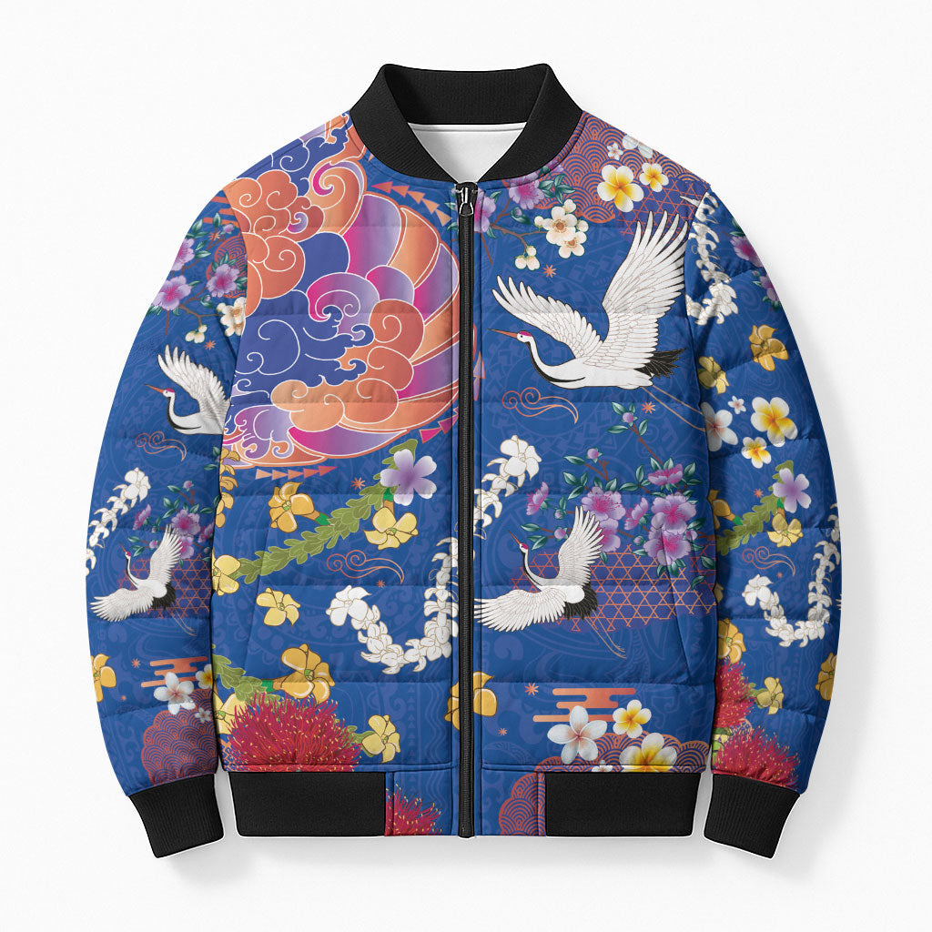 Hawaiian and Japanese Culture Together Bomber Puffer Jacket Kakau Tribal Pattern and Irezumi Art Blue Color LT03 Unisex Blue - Polynesian Pride