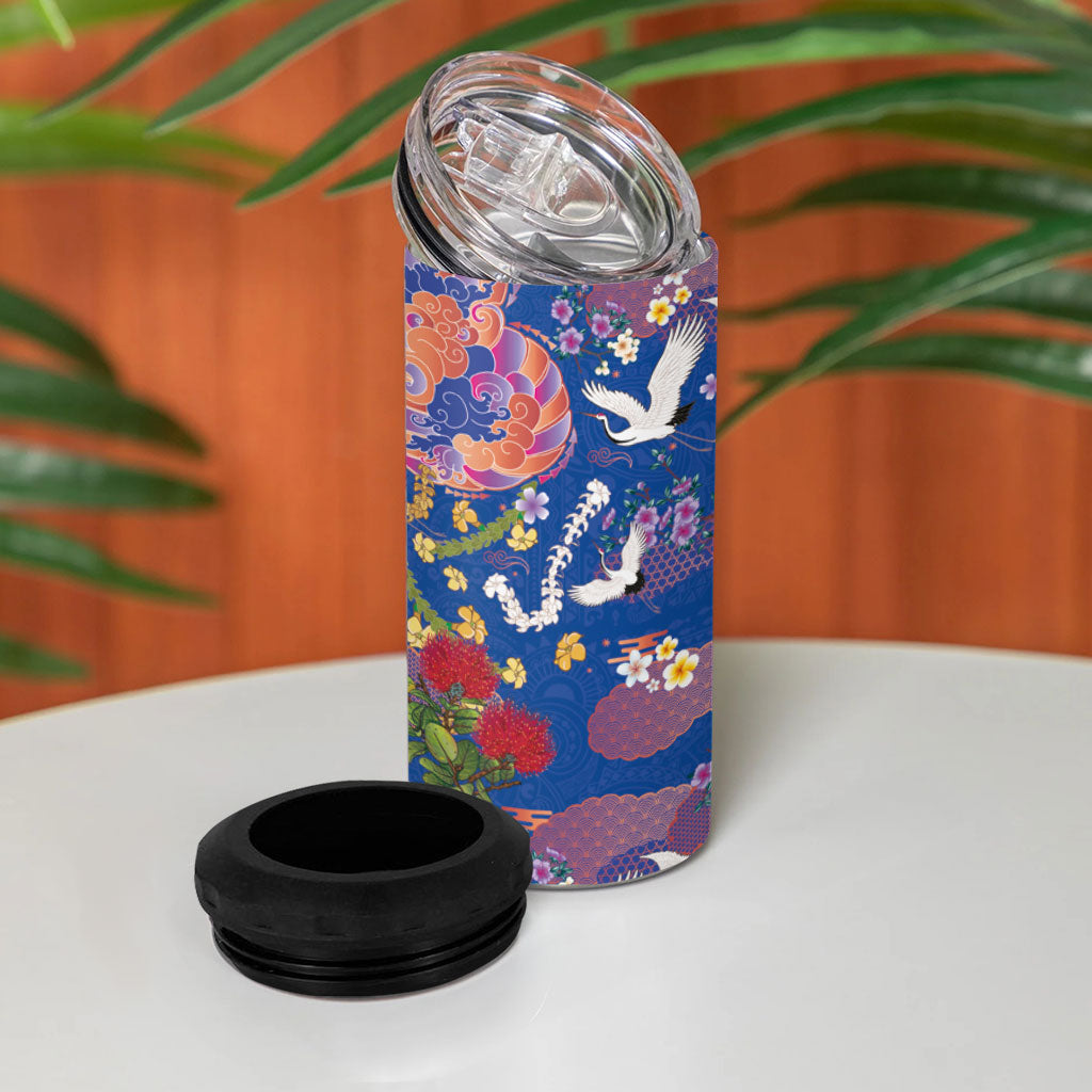 Hawaiian and Japanese Culture Together 4 in 1 Can Cooler Tumbler Kakau Tribal Pattern and Irezumi Art Blue Color
