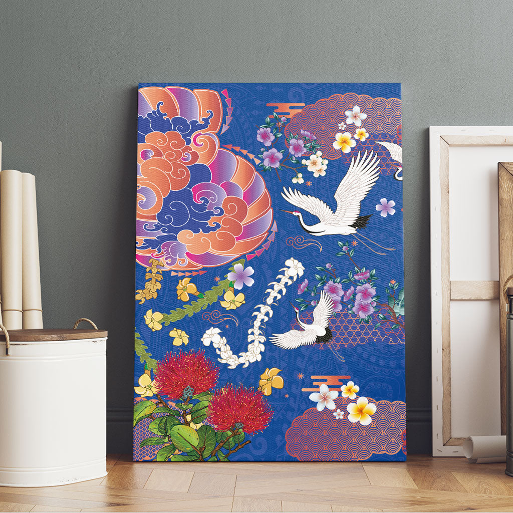 Hawaiian and Japanese Culture Together Canvas Wall Art Kakau Tribal Pattern and Irezumi Art Blue Color