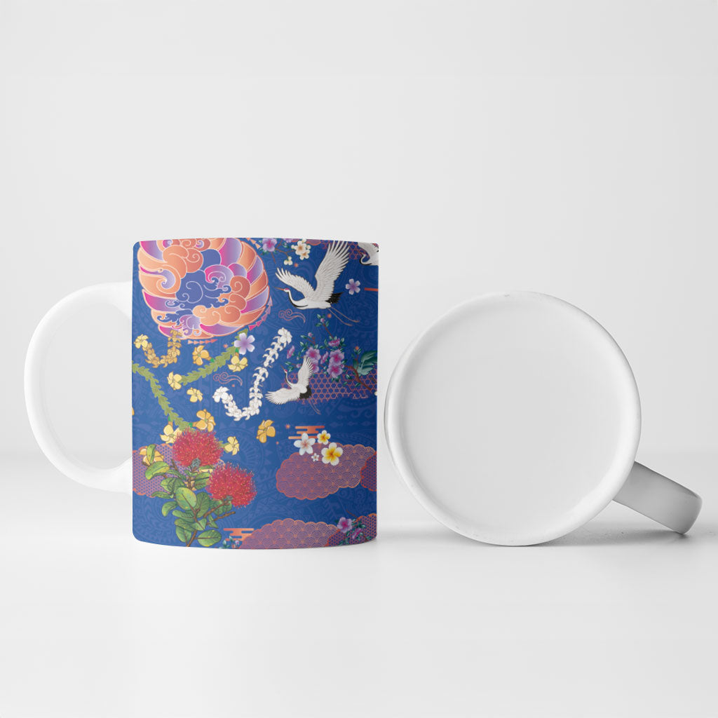 Hawaiian and Japanese Culture Together Ceramic Mug Kakau Tribal Pattern and Irezumi Art Blue Color