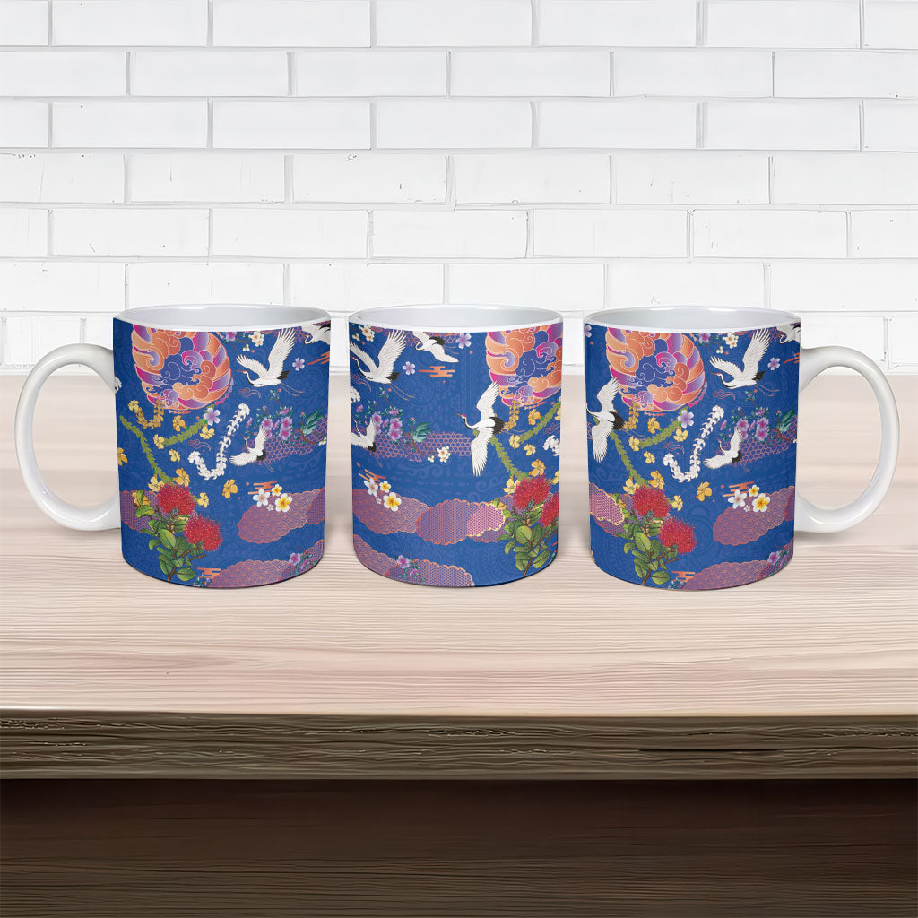 Hawaiian and Japanese Culture Together Ceramic Mug Kakau Tribal Pattern and Irezumi Art Blue Color