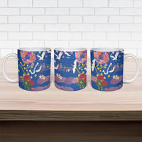 Hawaiian and Japanese Culture Together Ceramic Mug Kakau Tribal Pattern and Irezumi Art Blue Color