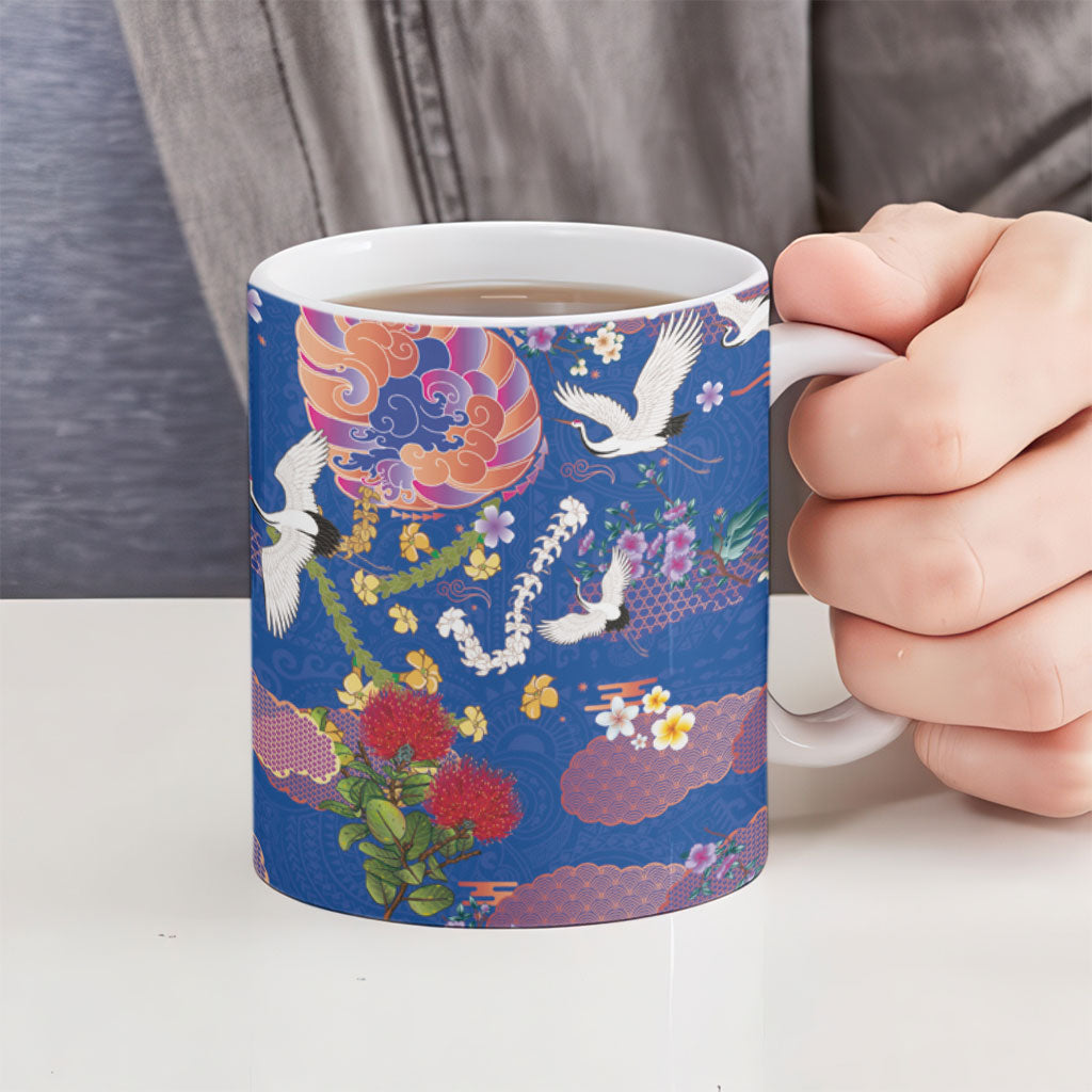 Hawaiian and Japanese Culture Together Ceramic Mug Kakau Tribal Pattern and Irezumi Art Blue Color