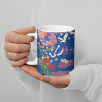 Hawaiian and Japanese Culture Together Ceramic Mug Kakau Tribal Pattern and Irezumi Art Blue Color
